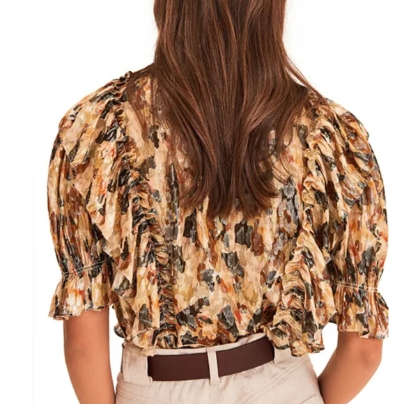 BA&SH New Gilda Silk Metallic Ochre Ruffle Abstract Lady Blouse Top SZ Small - Picture 16 of 16